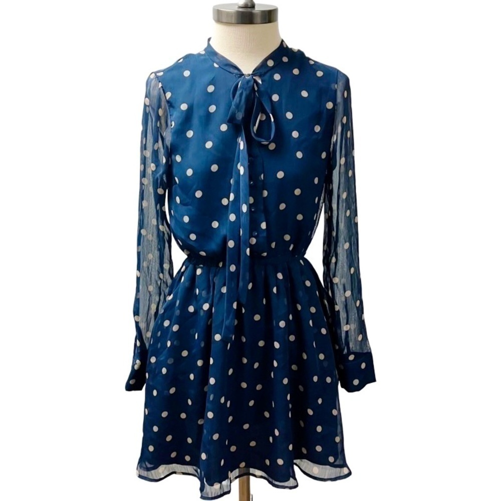 LUCCA COUTURE Polka Dot Fit & Flare Dress SIZE XS Navy Gold Bow tie Neckline
